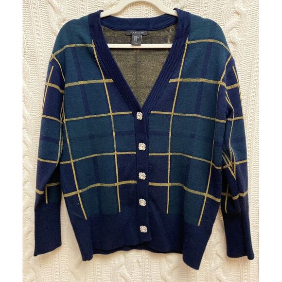 Tahari Navy Green Plaid Bling Buttons Cardigan Women‎ XS Academia Whimsigoth - Picture 1 of 7
